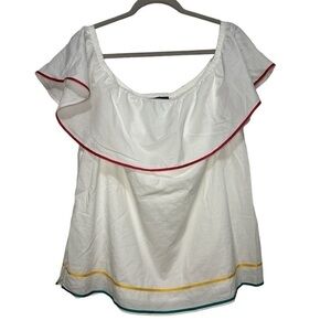 Lane Bryant Women’s off Shoulder Blouse Multicolored Trim White Blouse Sz 14/16